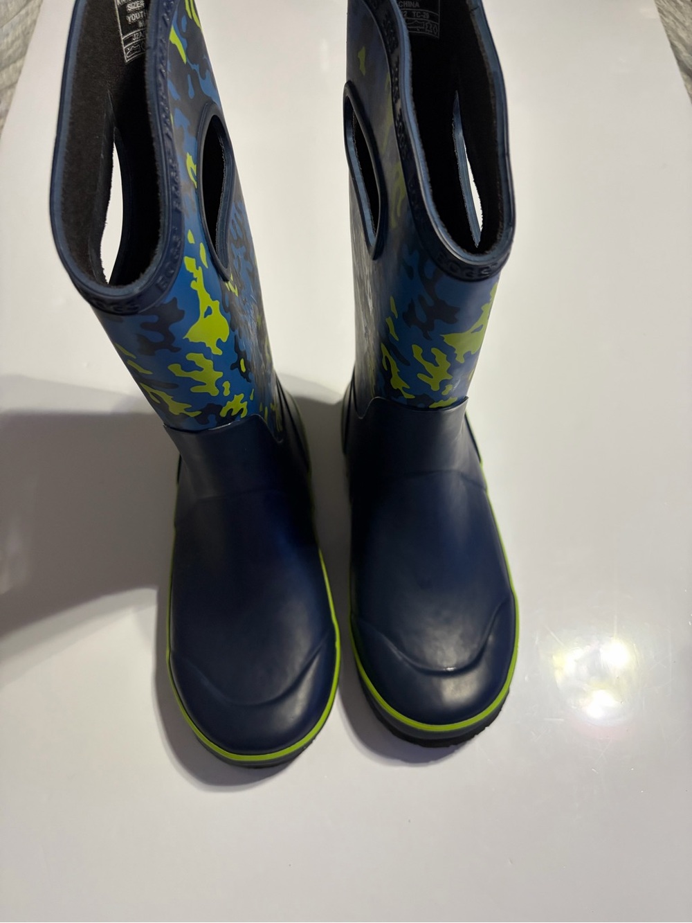 Bogs Navy and Lime Green Camo Tall Kids Rain Boots